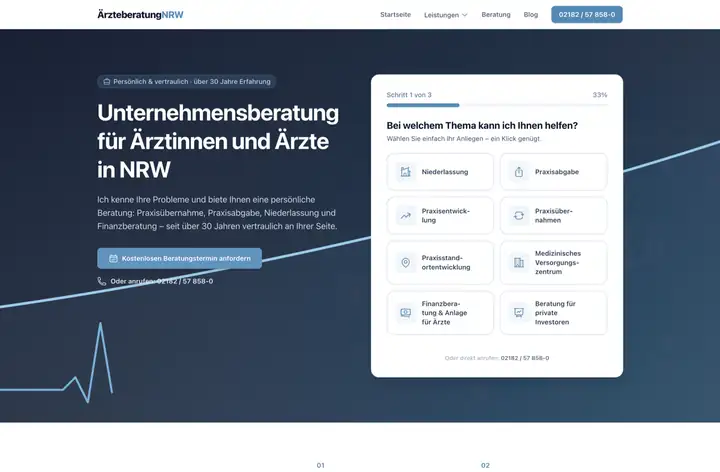 Live geschaltete Website am Beispiel der Ärzteberatung NRW: Startseite mit der Überschrift „Unternehmensberatung für Ärztinnen und Ärzte in NRW“ neben einem Themen-Finder