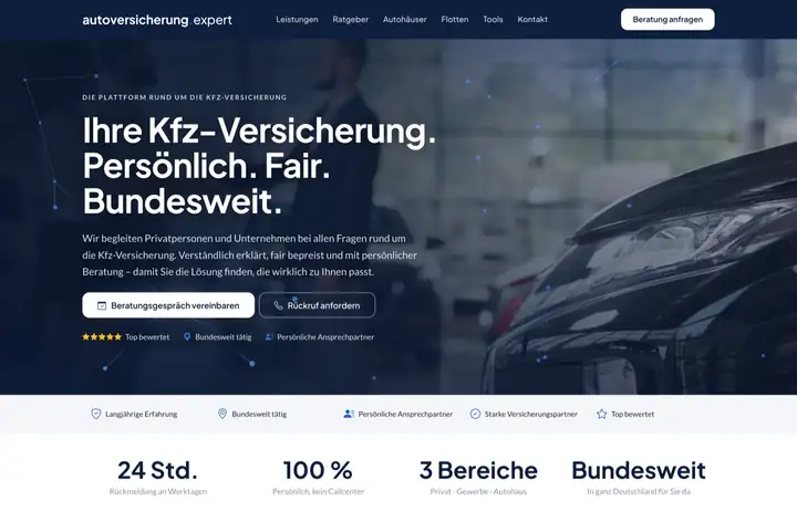 Entwurfs-Vorschau am Beispiel autoversicherung.expert: Startseite mit der Überschrift „Ihre Kfz-Versicherung. Persönlich. Fair. Bundesweit.“, Beratungs-Buttons und Kennzahlen